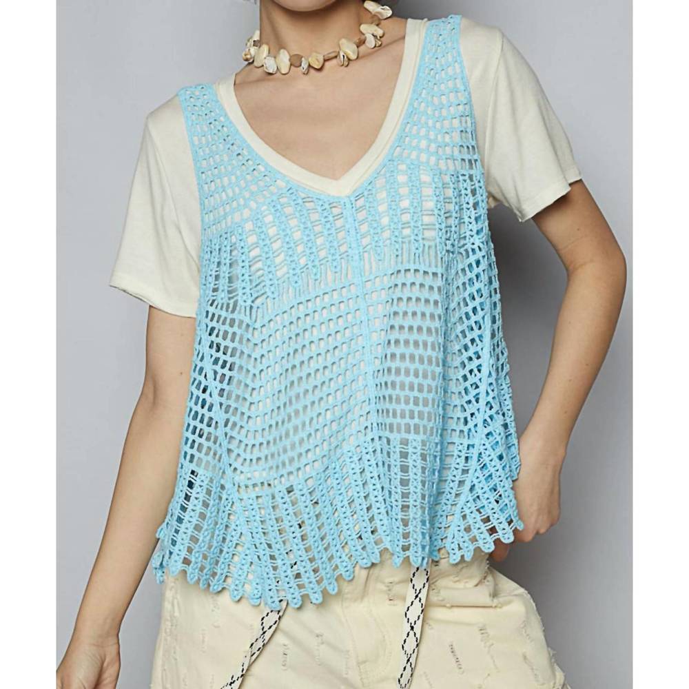 POL Light Blue Crochet Openwork Tank Top